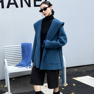 蓝色连帽双面羊绒大衣女中长款25秋冬新款韩版小个子宽松毛呢外套