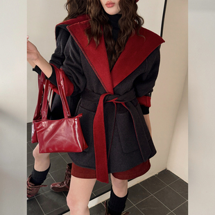 连帽双面呢大衣女2025秋冬新款小个子系带100%羊毛呢外套双面穿