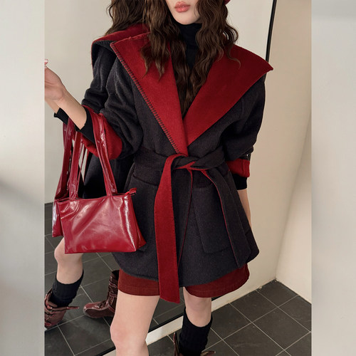 连帽双面呢大衣小个子系带