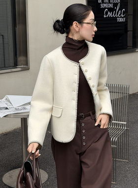 白色小香风双面呢大衣秋冬新款高级感圆领气质短款100%羊毛外套女