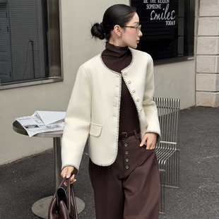 白色小香风双面呢大衣秋冬新款高级感圆领气质短款100%羊毛外套女