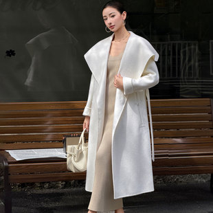 老钱风白色翻领双面羊绒大衣女长款2026秋冬新款系带气质毛呢外套