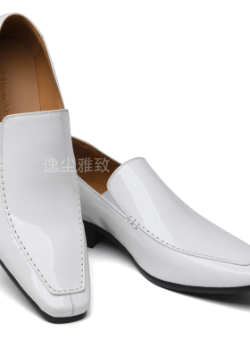 逸尘雅致高档商务正装方头系带搭扣套脚结婚男士白黑色漆皮鞋