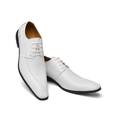 逸尘雅致高档商务正装白色鳄鱼扁头系带搭扣套脚结婚男士皮鞋