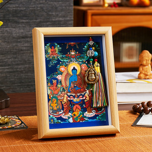 山城文创丨藏式唐卡药师佛描金唐卡八大守护神半手绘画芯相框摆件
