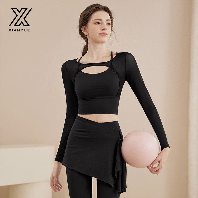 2025春季新款瑜伽服网纱长袖显瘦运动上衣普拉提训练健身服套装