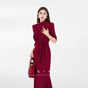 轻奢法式 2025冬季 百搭设计师连衣裙 墨竹映红 MD千亿