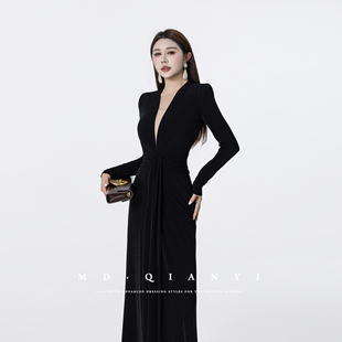 MD千亿V领连衣裙轻奢时尚百搭气质长袖收腰修身女士长裙长袖显瘦