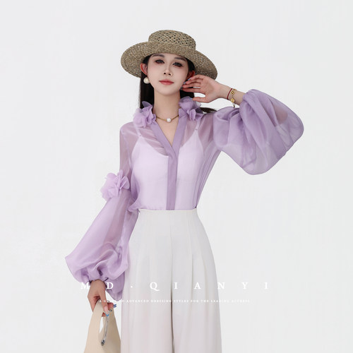 MD千亿【少女心事】2026春时尚气质显瘦设计感透视衬衫上衣