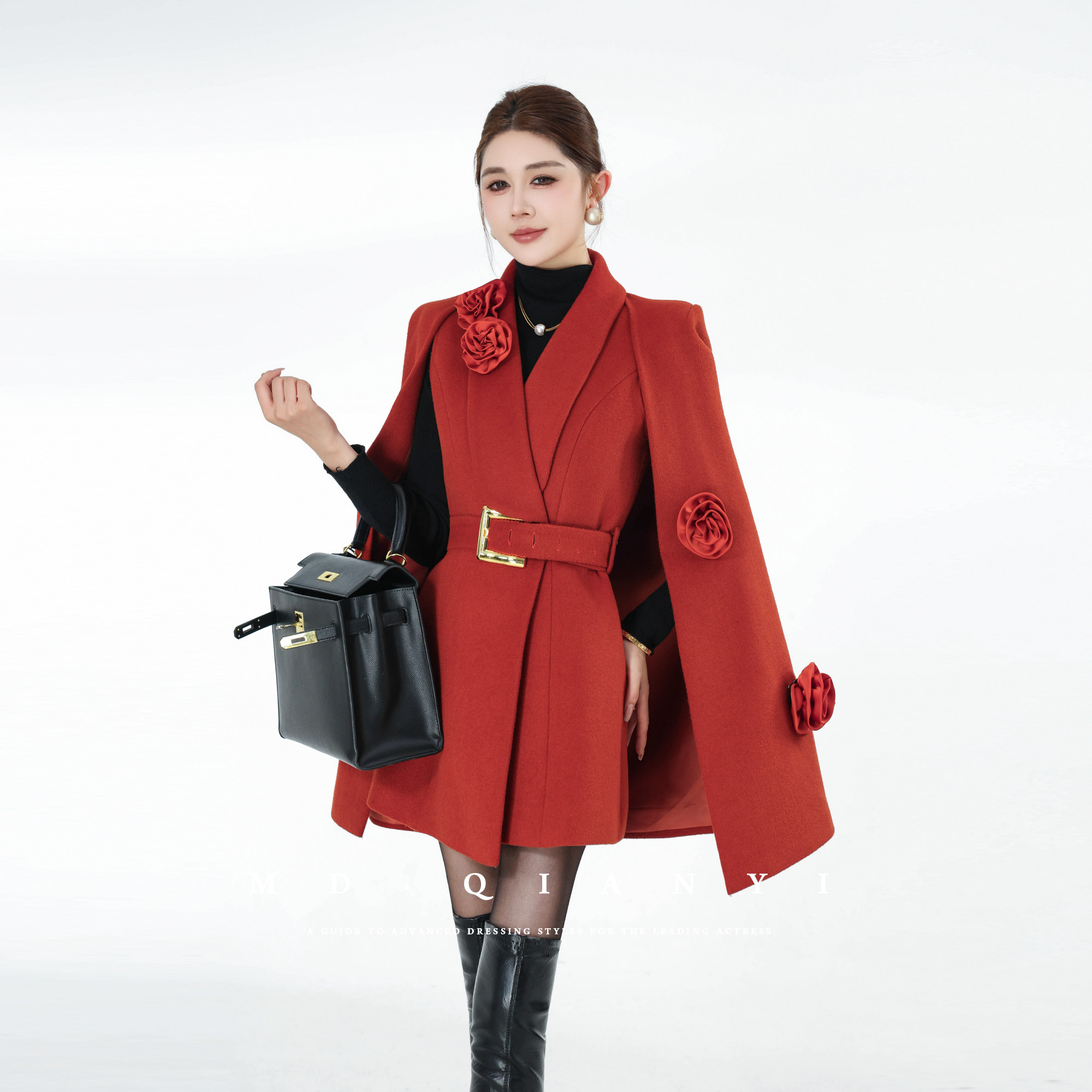 MD千亿【茶歇玫瑰】2025冬季显瘦时尚女神斗篷毛呢外套