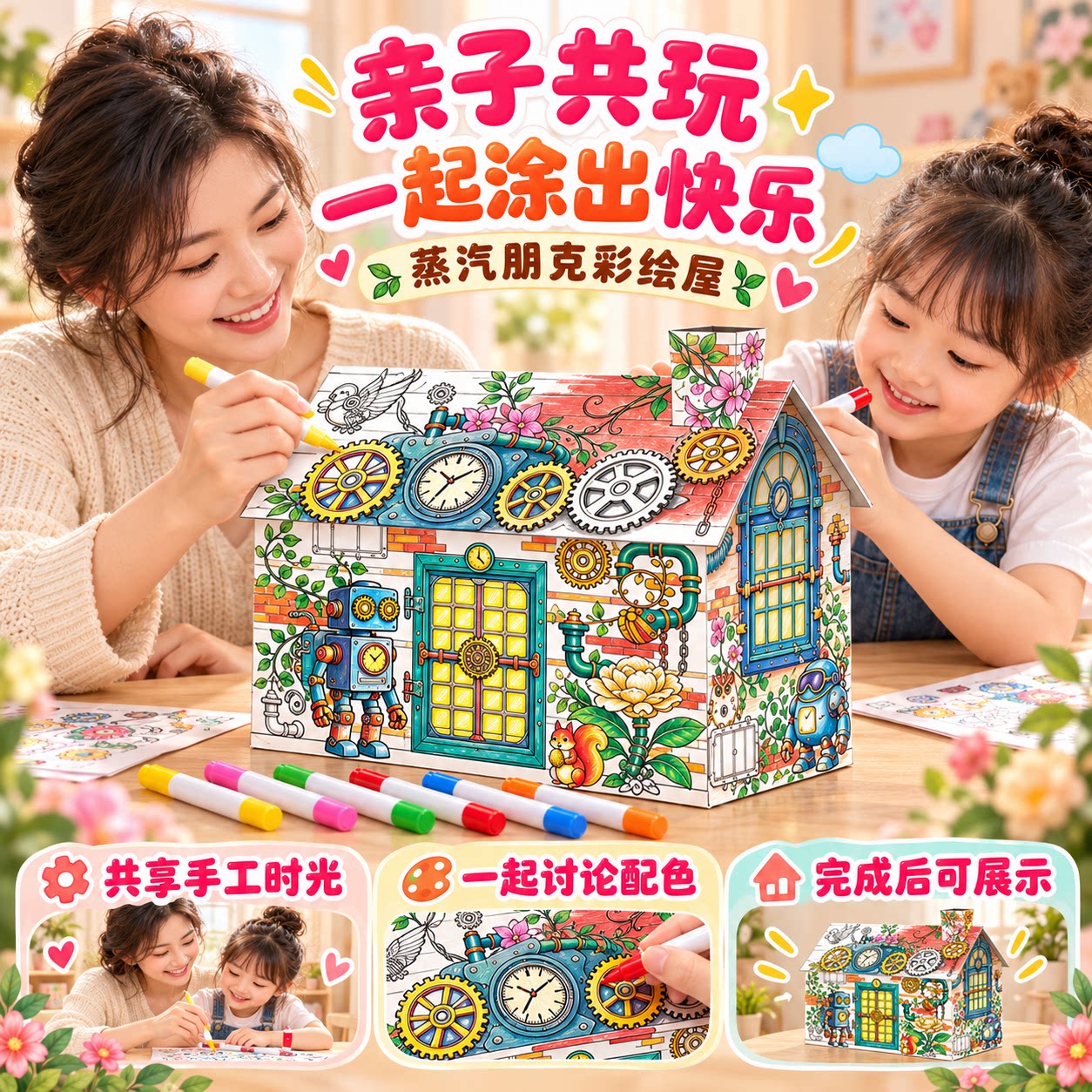 节日热销3D拼装涂鸦房屋纸房子别墅机械齿轮DIY儿童彩绘玩具礼物