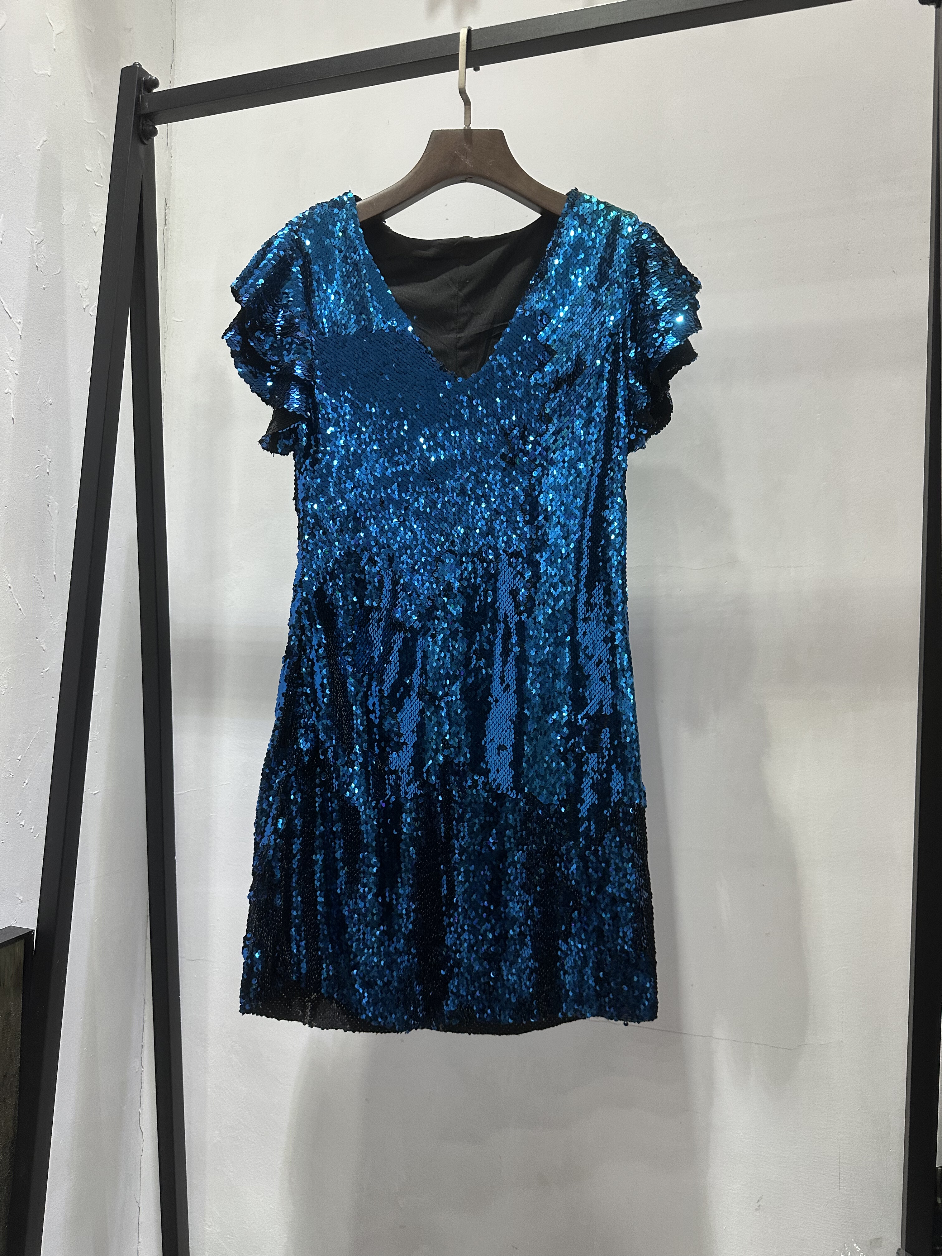 夏季蓝色亮片短袖连衣裙礼服裙