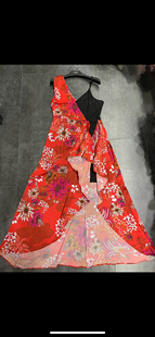 不规则设计吊带印花黑红拼接中长连衣裙礼服裙