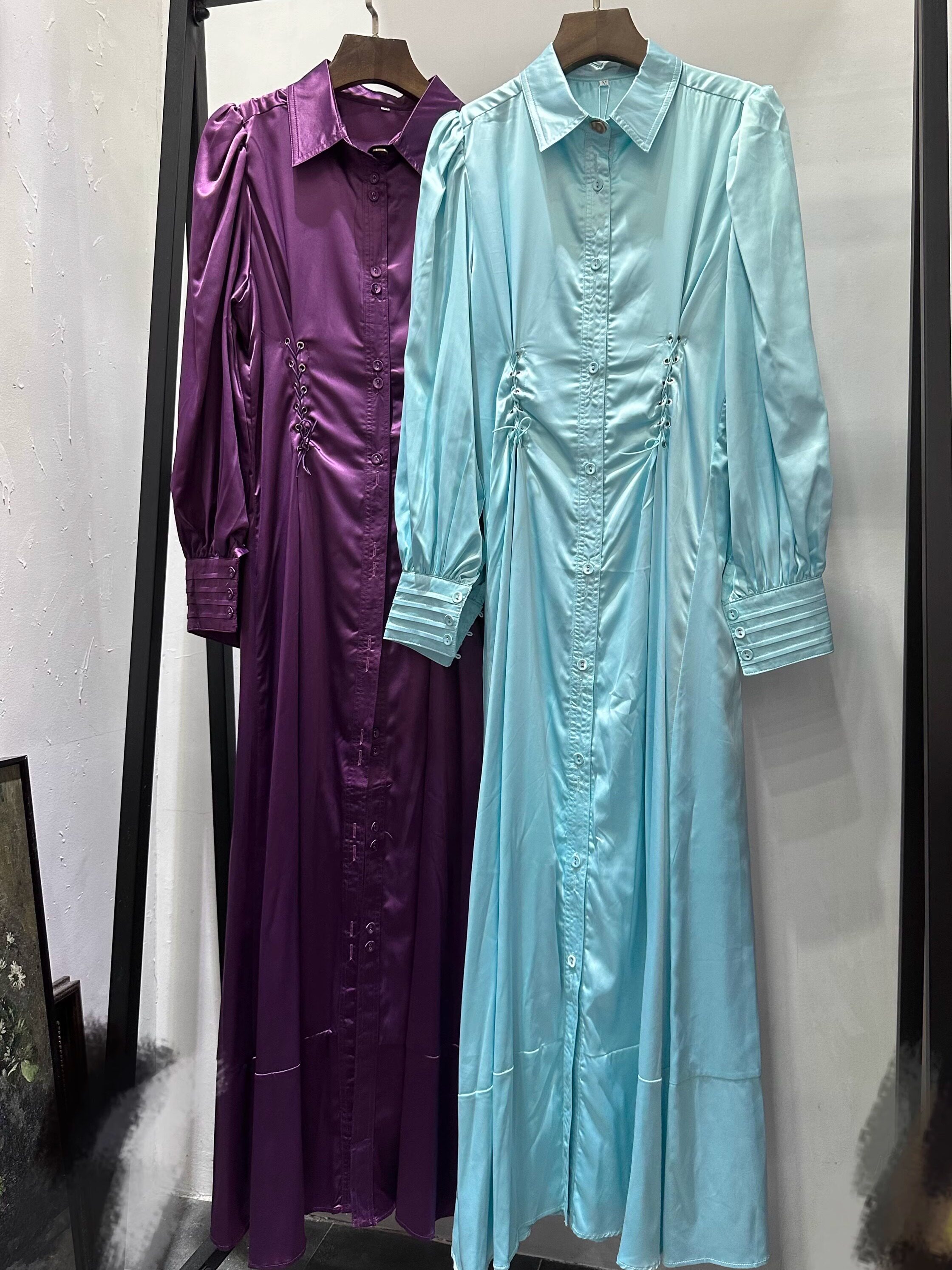 春秋前穿绳纯色收腰中长连衣裙