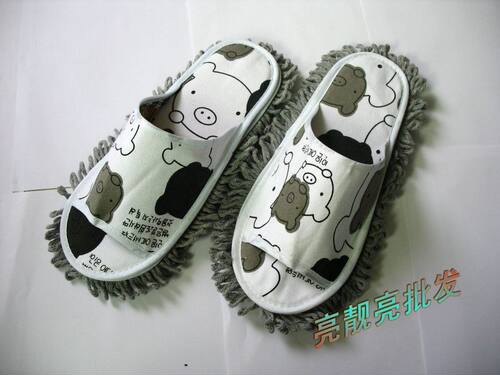 静音黑白猪擦地懒人拖鞋