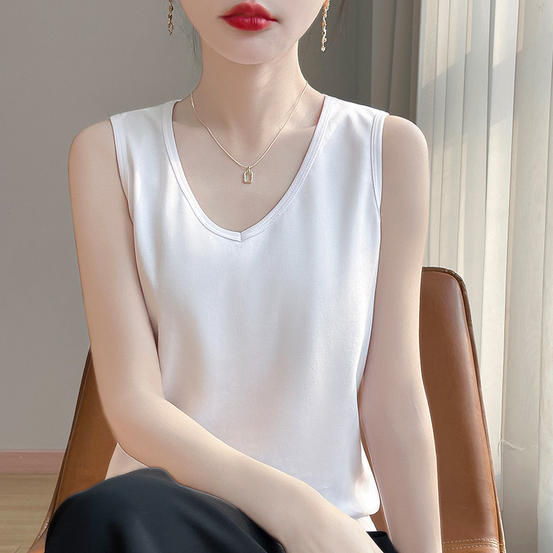 纯棉V领无袖背心女白色宽松内搭打底外穿通勤上衣