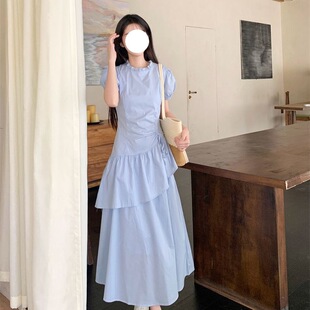 新款 连衣裙时尚 夏季 学院风短袖 收腰显瘦蛋糕裙甜美长 女装 法式