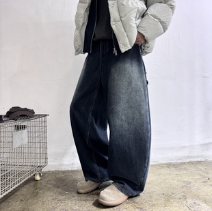 加绒加厚男宽松大阔腿休闲长裤 dafee25fw美式 复古蓝水洗牛仔裤