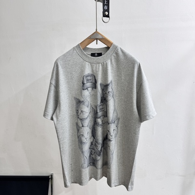 dafee26ss猫咪印花短袖T恤男女宽松圆领灰色上衣潮流百搭