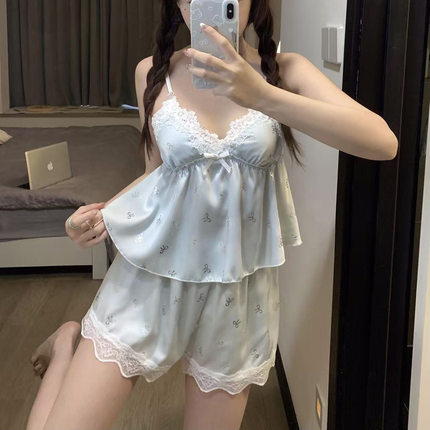 萌洛姬甜美V领无袖蕾丝边植物花卉睡裙女夏季家居服套装