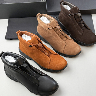 高帮男鞋优质麂皮Triple Stitch奢华休闲走秀款三重松紧带易穿脱