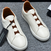 男士 真皮休闲小白鞋 鹿皮松紧交叉带易穿脱柔软透气小牛皮舒适耐穿