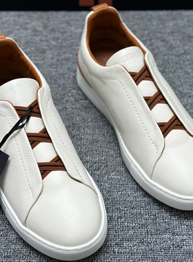 男士真皮休闲小白鞋鹿皮松紧交叉带易穿脱柔软透气小牛皮舒适耐穿