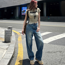 美式复古水洗做旧牛仔裤女秋季新款高腰宽松显瘦设计感弯刀阔腿裤