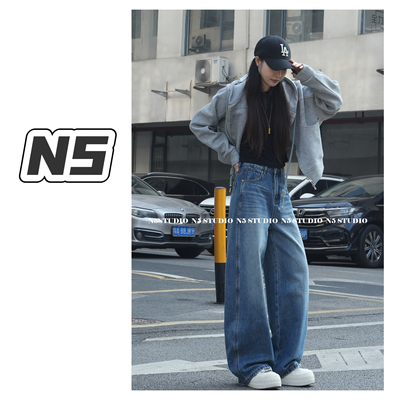 2026春中高腰弯刀阔腿牛仔裤女