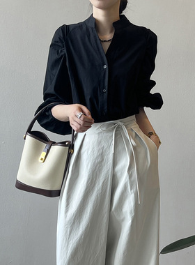 言双 法式气质立领衬衫女 秋季新款褶皱泡泡袖娃娃衫衬衣82127