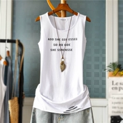 Mùa hè mới văn học lỏng tay áo thun nữ dài đoạn văn in màu rắn cotton vest áo thun t - Áo ba lỗ