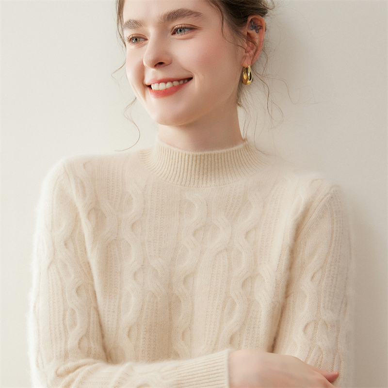 鹿王羊绒衫女半高领绞花针织打底衫秋冬新款山羊绒毛衣宽松套头厚