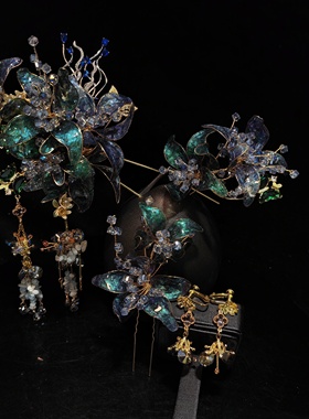 新娘饰品新款凝水花艺减龄发簪新中式发钗秀禾头饰蓝色古风10571