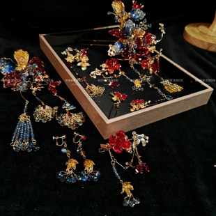 欧姿红蓝撞色减龄新中式发簪步摇秀禾头饰品古风发饰婚礼跟妆1267