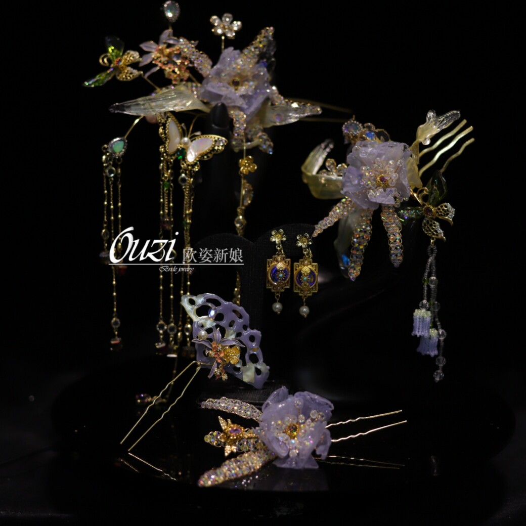 欧姿新娘饰品新款古风发饰减龄浅色花艺水晶发簪新中式极简发钗24