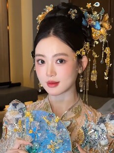 模特图同款小众金色系秀禾头饰古风步摇发簪秀禾减龄新中式发钗子