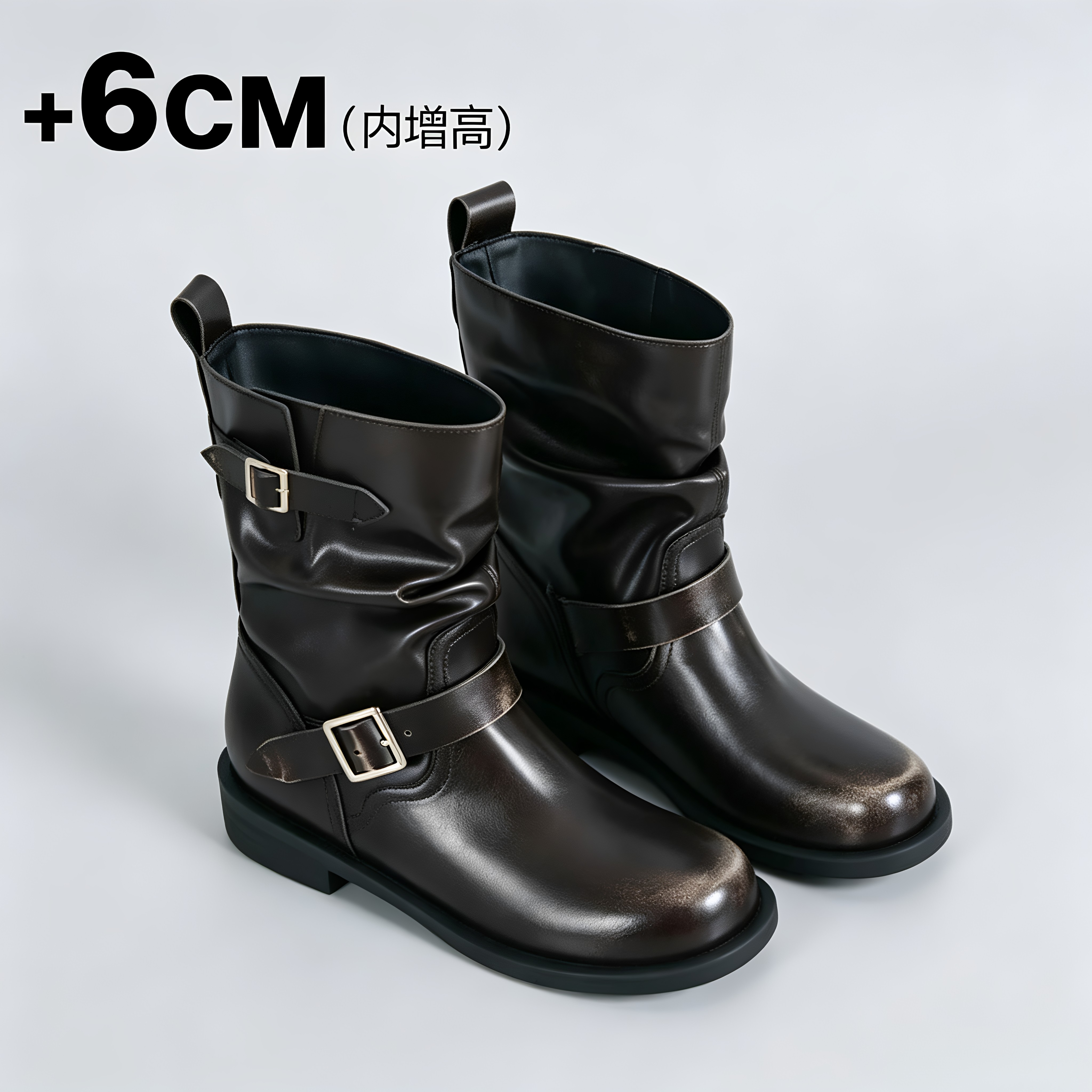 小个子6cm内增高复古做旧擦色短靴女皮带扣拼接马丁靴褶皱堆堆靴