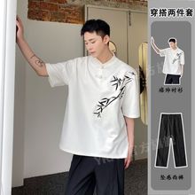 夏季改良中式盘扣T恤男短袖小众竹子刺绣设计感复古国风半袖上衣