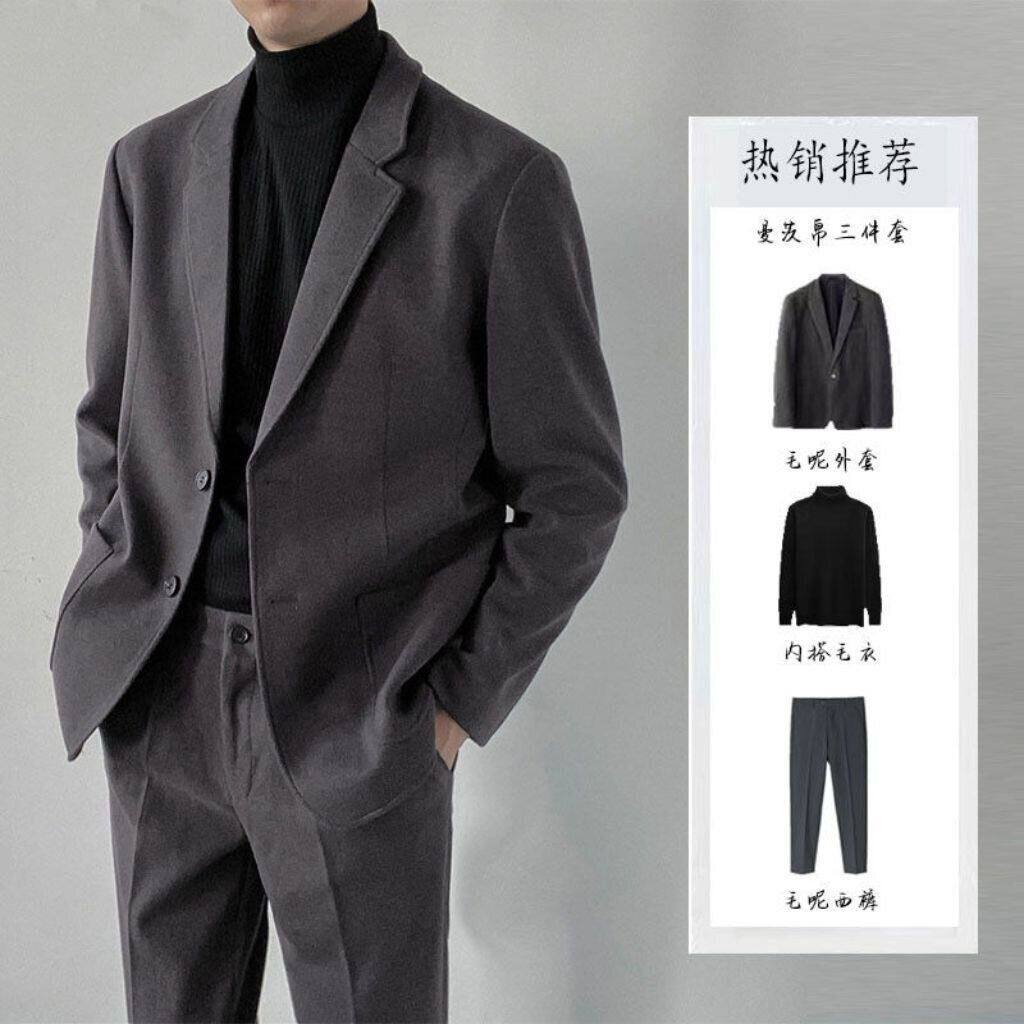秋冬季毛呢西装男士休闲商务西服潮流新款加厚上衣呢子外套套装男