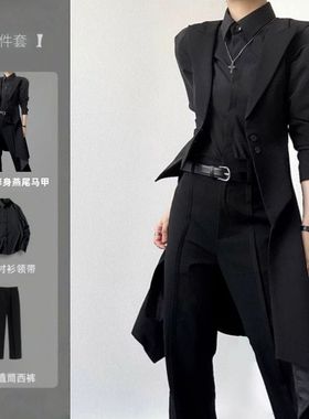 2025新款禁欲系长款修身马甲套装戗驳领收腰线高级感燕尾服制服