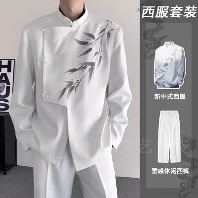 新中式男装国风白色小西
