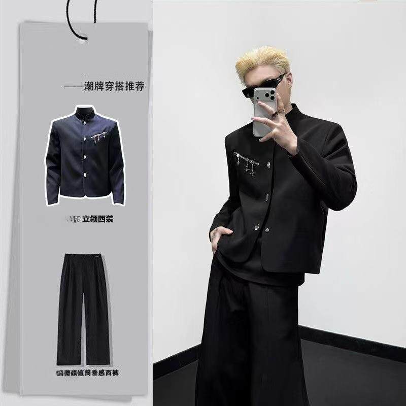 新中式立领金属拉链男西服套装