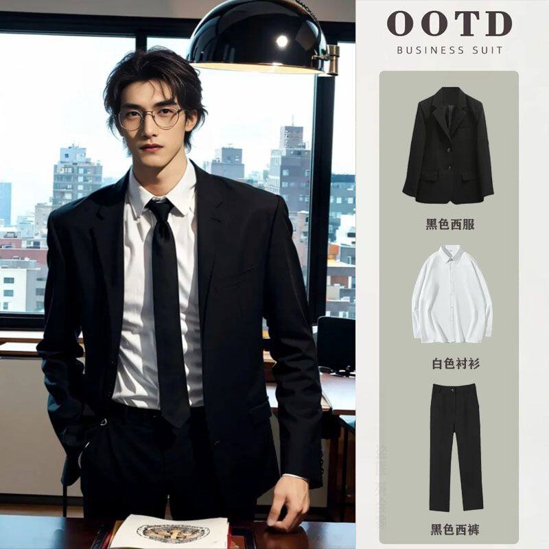 韩版修身西服套装男士外套黑色帅气学生职业正装高级感小西服班服