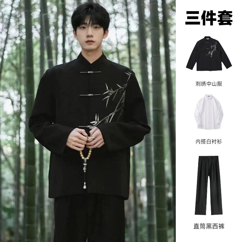 黑色新中式立领垫肩中山装男款