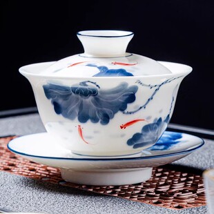 手绘鱼趣三才碗青花瓷盖碗茶具套装鱼戏莲蓬纹茶碗茶杯茶盘
