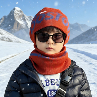 新年红东北冬天帽子儿童男女孩滑冰户外运动护耳帽围脖两件套加厚