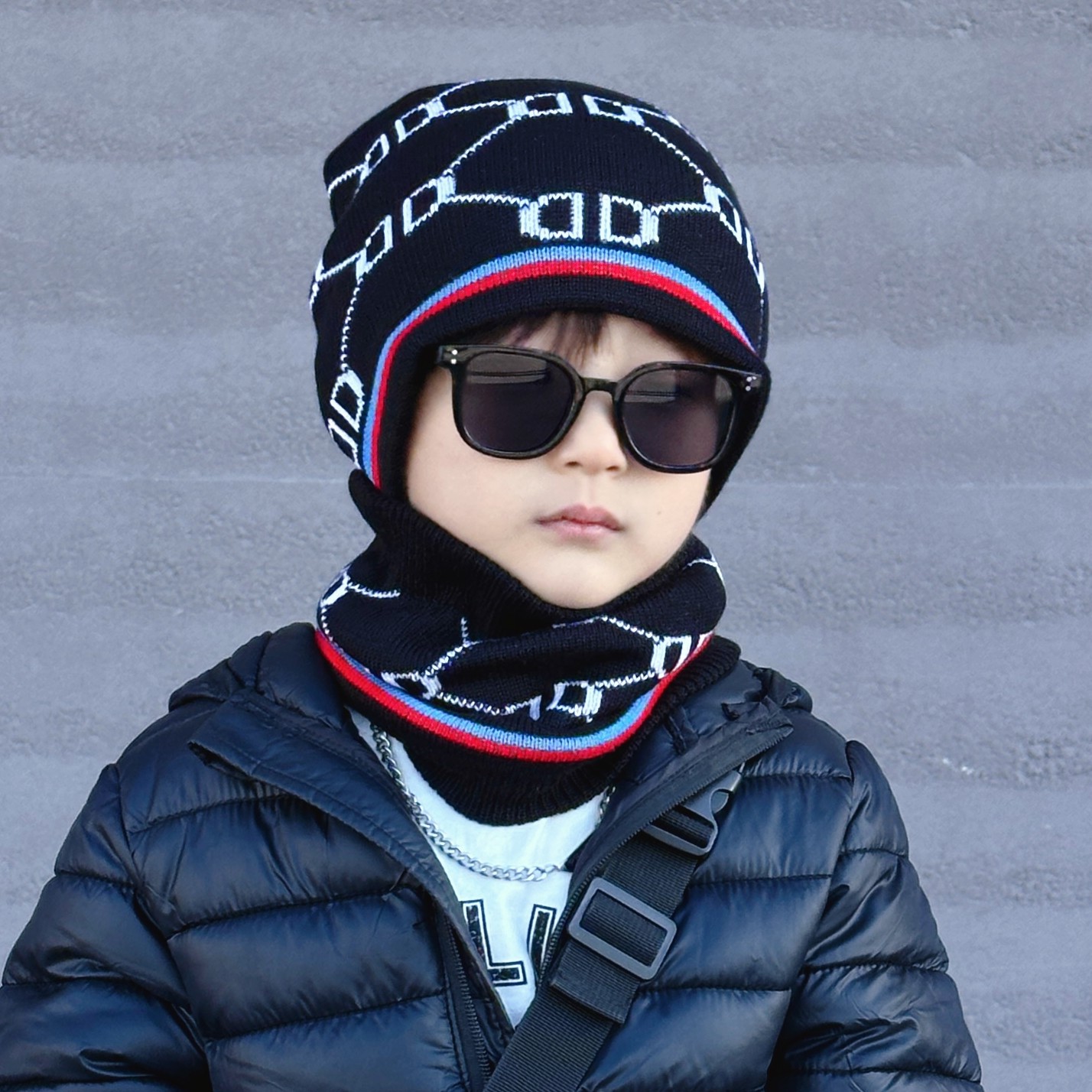 新年款冬季儿童针织提花毛线帽子男孩套头围脖两件套滑雪冰帽加厚