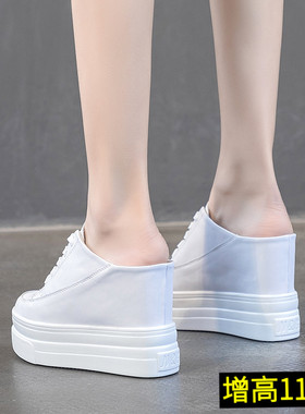 超高跟半拖鞋女包头内增高一脚蹬女鞋12cm厚底坡跟白色懒人松糕鞋