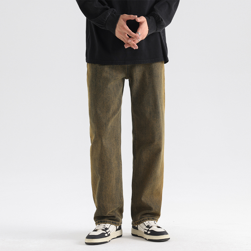 HR秋冬宽松直筒美式复古高街弹力牛仔长裤潮男做旧休闲长裤子怀旧