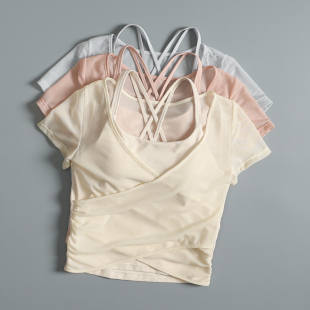 瑜伽服短袖 透气跑步运动衣 女夏气质交叉V领健身训练上衣网纱修身